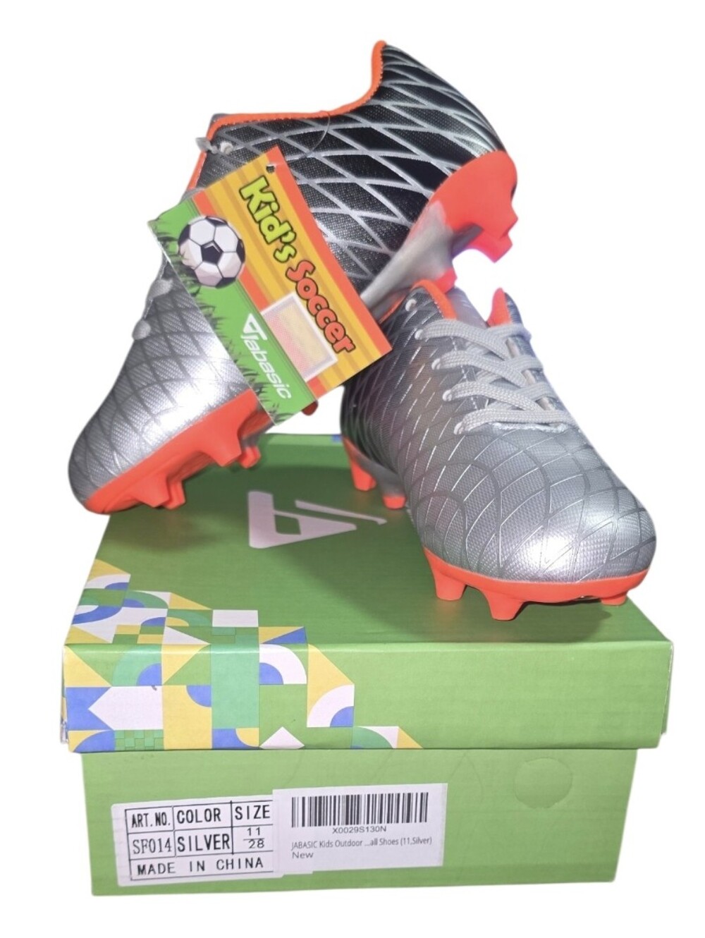 Kids Soccer Cleats - Silver with Neon Orange Accents